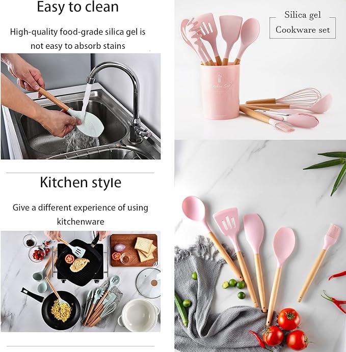 11 pieces of silicone cookware set heat-resistant wooden handle kitchen gadget storage bucket non-stick cookware (Pink)
