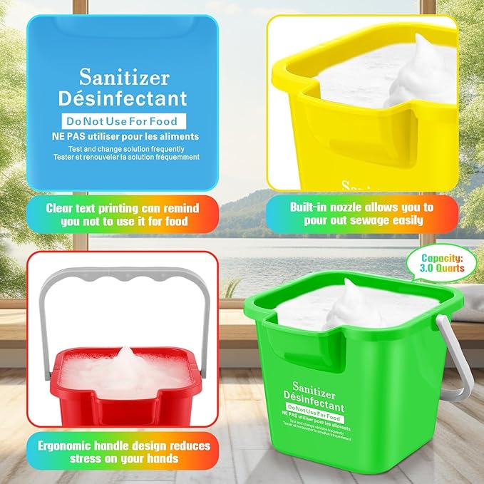 Vesici 6 Sets 3 Quart Cleaning Bucket with Microfiber Cleaning Cloths Small Sanitizing Square Bucket Detergent Plastic Utility Pail with Handle for Household Restaurant Office School Use (Colorful)