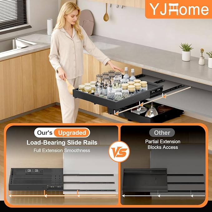 Pull out Cabinet Organizer Expandable W(12"-20") and D(16"-22"), No Drill Adjustable Slide Out Drawers With 3 Slide Rails, 2Pcs Magnetic Panel