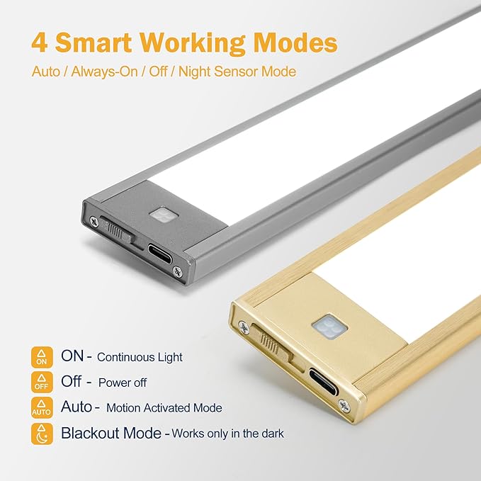 V4light Rechargeable Motion Sensor Under Cabinet Light, Magnetic LED Bar with 1500mAh Battery, Silver Aluminum Cabinet Lighting, Dimmable 3 Color Temperatures for Kitchen, Pantry & Closets (9 in)
