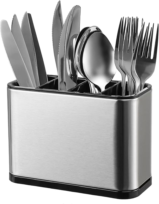 KESOL Kitchen Utensil Holder, Stainless Steel Utensil Drying Rack Flatware Holder Sinkware Caddy Countertop Organizer with 4 Divided Compartments, Rust Proof