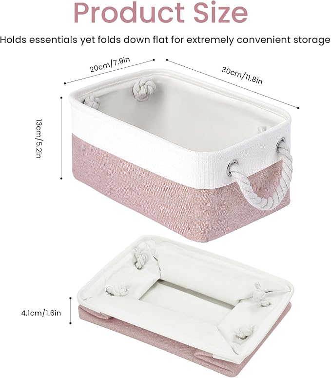 Storage Baskets for Shelves 11.8x7.9x5.2 Inch, Foldable Fabric Storage Bins with Handles, Small Storage Baskets for Organizing Closet, Office, Home Organization (6-Pack, White&Pink)