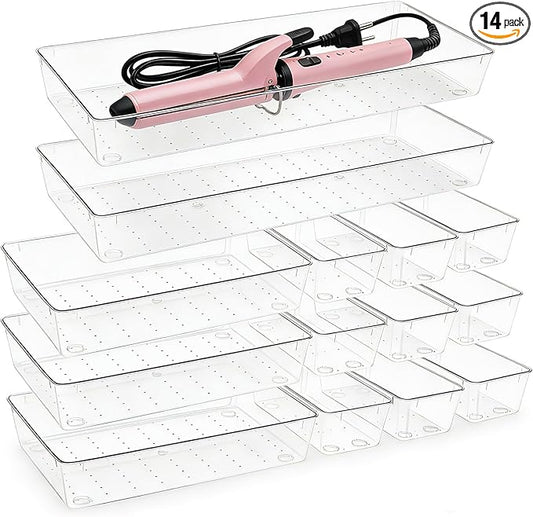 14 Pcs Clear Plastic Drawer Organizer Tray with 2 Pcs 15"x6" Extra Large Trays