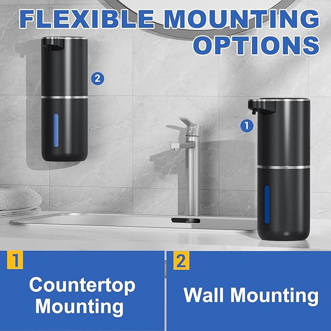 Automatic Soap Dispenser, 4 Soap Volume Levels Adjustable, 0.25S Soap Deliver, 380ML Capacity/ 1200mAh Touchless Sensor Pump, Wall Mount/Placed Flat for Kitchen, Bathroom