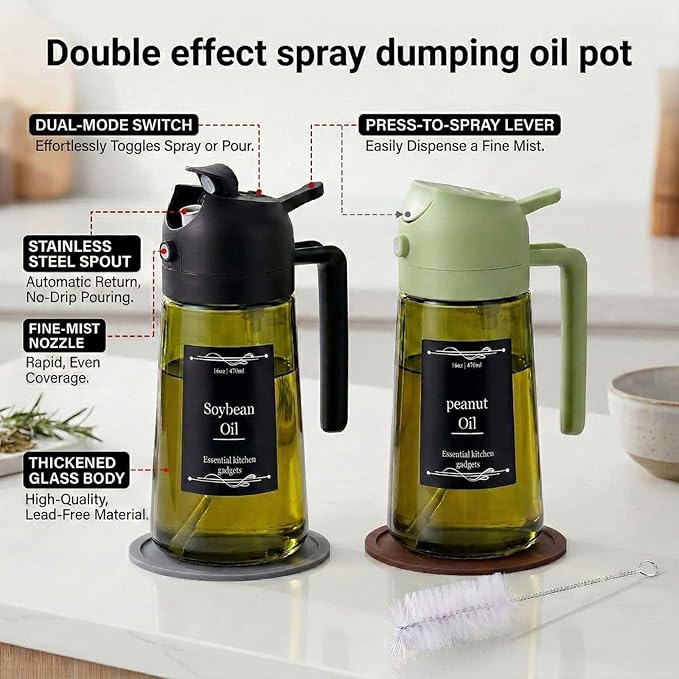 2pcs Oil Sprayer for Cooking;16oz/470ml 2 in 1 oil dispenser and oil sprayer;Light-Blocking Dark Green Glass Oil Bottle for Air Fryer, BBQ, Kitchen Gadgets with cleaning brush,Non-slip mat