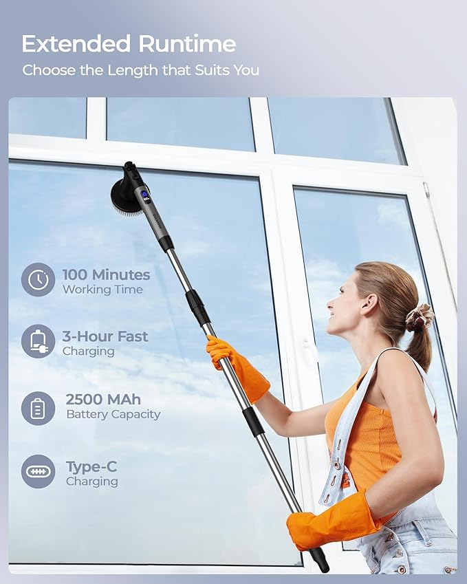 MayKing Electric Spin Scrubber with 9 Brush Heads, 3-Angle & 4-Length Adjustable Cordless Power Scrubber, 3-Speed & Battery LED Display, Electric Scrubber for Cleaning Bathroom Bathtub Floor Tiles