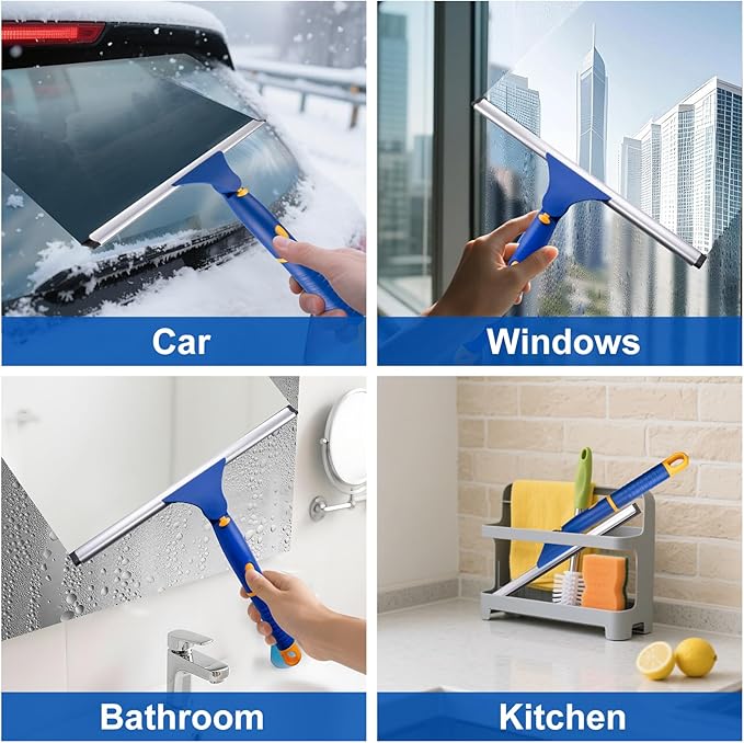 ITTAHO Swivel Shower Squeegee for Glass Doors, All-Purpose Anti-Slip Window Squeegee with 2 Blades, Window Cleaner Tool Bathroom Squeegee for Shower Doors, Tile Shower Walls，Mirrors,Car Windshields