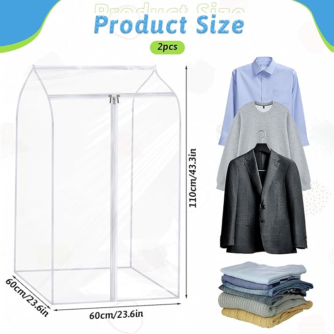 2 PCS 43" Hanging Garment Bags for Hanging Clothes with Clear Window Hang ing Clothes Storage Garment Rack Cover Coat Protector with Zipper for Hangings Clothe Suits Coats Cover