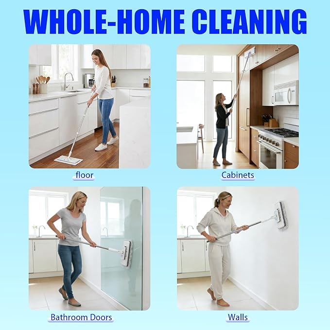 KZKR Upgrade Push Clamp Mop Kit - 2-in-1 Full Size Press Grip Lazy Sweeper Mop with Convenient Cloth Changing, Compatible with Swiffer Pads, Hardwood Tile Marble Floor Cleaning, 52in with10 Dry Cloths