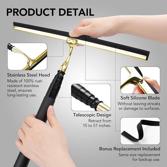 Shower Squeegee with Long Handle, 15-51" Telescopic Squeegee for Window Cleaning, Window Squeegee for Glass Doors