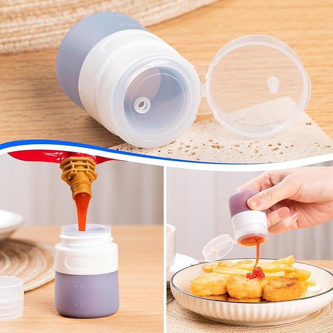 MICEBAY 8-Pack Salad Dressing Container To Go, 1-oz Silicone Small Condiment Squeeze Bottles and 1.6 oz Stainless Steel Sauce Containers Cups