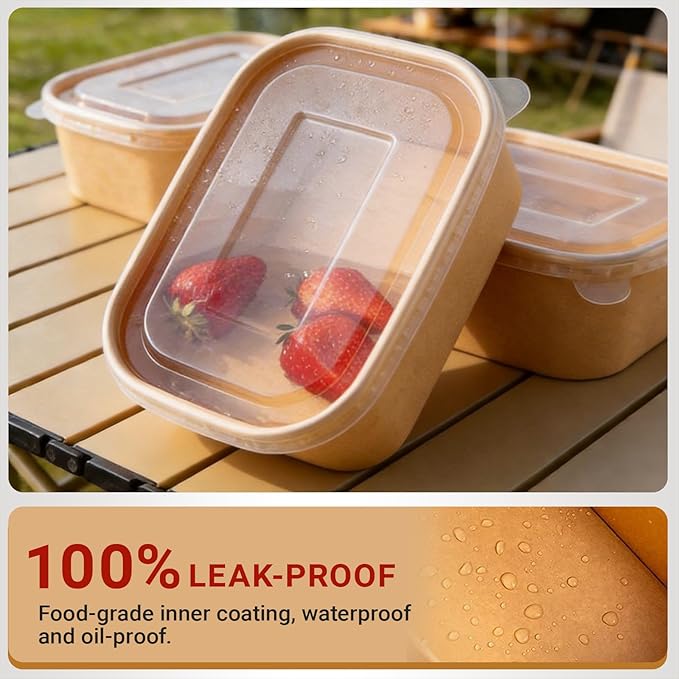 25 oz Disposable Bowls with Lids, 200 Sets Kraft Paper Bowls Square, Disposable Meal Prep Food Container with Sealing Lid