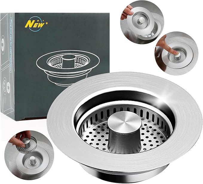 3-in-1 Stainless Steel Kitchen Sink Drain Strainer – Pop-up Sink Stopper with Sealing Ring, Anti-Clog & Odor-Proof Drain Filter, Fits 3-1/2 Inch Sink Drain Holes, Easy Installation