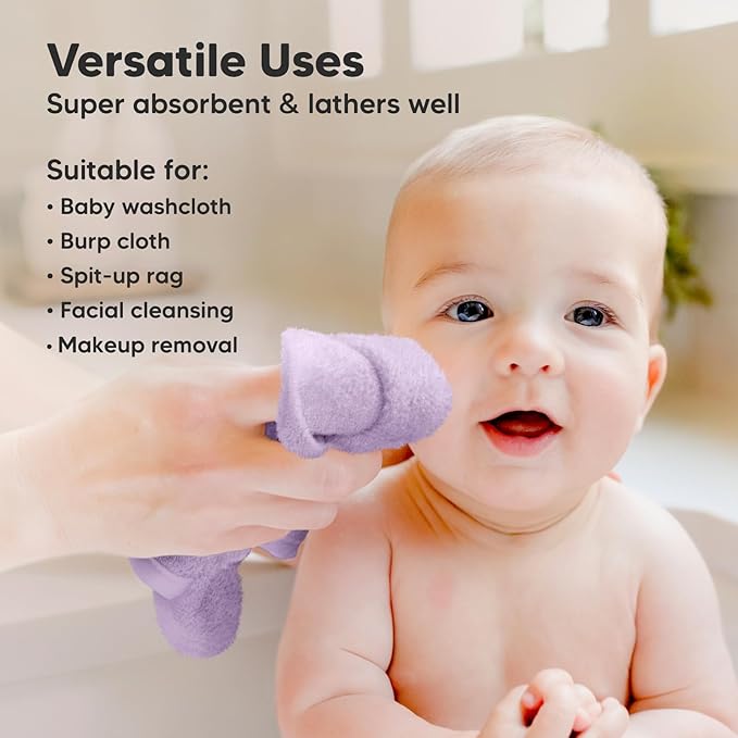 6-Pack Baby Washcloths – Soft Absorbent Viscose from Bamboo Washcloths for Face, Body, Baby Towels for Newborn, Kids, Toddlers, Infant,Gentle on Sensitive Skin,10x10 Reusable Face Towels(Soft Lilac)