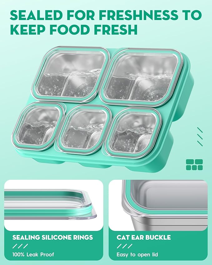 BiuLeon Snackle Box Containers, Stainless Steel 5 Compartments Divided Serving Tray with Lid