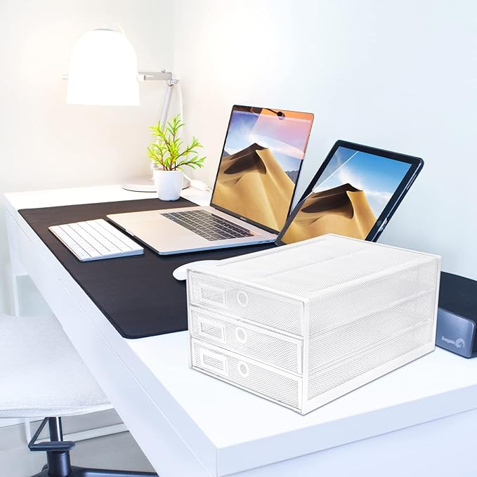 Annova Desk Organizer Wire Mesh 3 Tier Sliding Drawers Paper, White