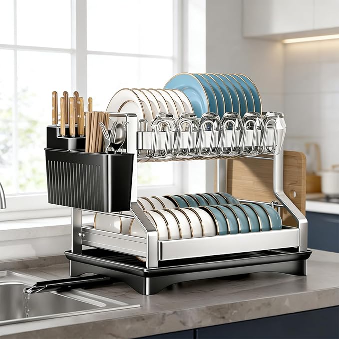 2Pcs Dish Drying Rack 2 Tiers, Stainless Steel Dish Drying Rack Stainless Steel Utensil Holder Large 2 Tier Dish Drainers for Kitchen Counter
