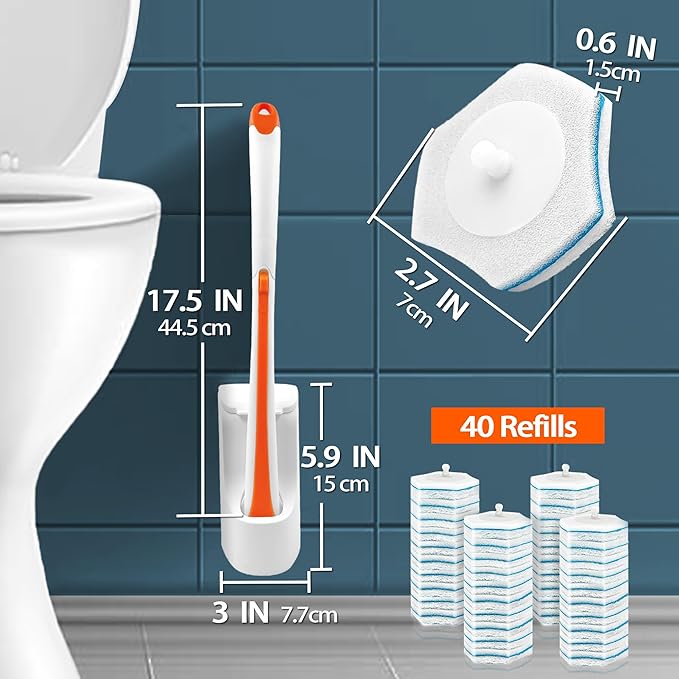 JEHONN Disposable Toilet Bowl Cleaner Wand with 40 Cleaner Refills, Wall Mounted Long Handle Compact Bathroom Scrub Brush Holder Set for Sink Bathtub Wash Basin Mop Pool (Orange)