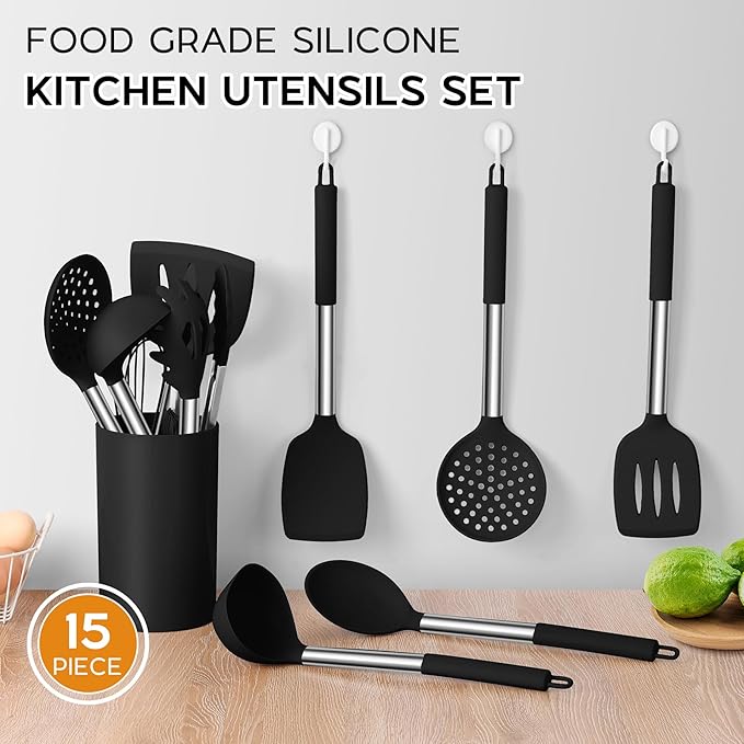 Onader Kitchen Utensils Set, 15 Pcs Silicone Cooking Utensils Set with Holder and Heat Resistant Stainless Steel Handle for Nonstick Cookware - Black