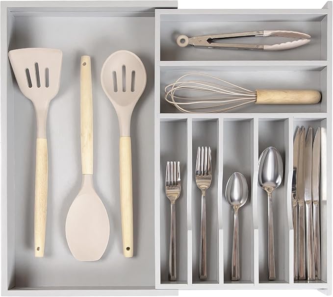 KitchenEdge Premium Silverware, Flatware and Utensil Organizer for Kitchen Drawers, Food-Safe Contract Grade, Expandable from 10.5 to 19 In, Gray Bamboo