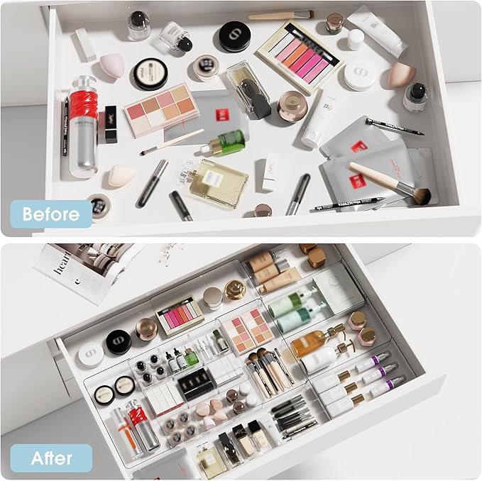 MIUOPUR Expandable Drawer Organizer, Width (10.6"-20.1") Depth (11"-20.1"), Clear Makeup Drawer Organizer with 6 Removable Dividers, Silverware Organizer, Great for kitchen and Bathroom Drawers