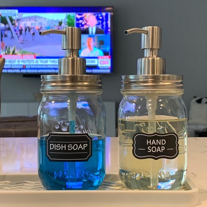 Amolliar Mason Jar Liquid Soap Dispenser Lid, Stainless Steel Pump for 16oz Regular Mouth Jar, Rustic Farmhouse Decor, Kitchen Hand Soap, Dish, Lotion Soap, Brushed Nickel 4 Pack, Extra 2 Long Tubes