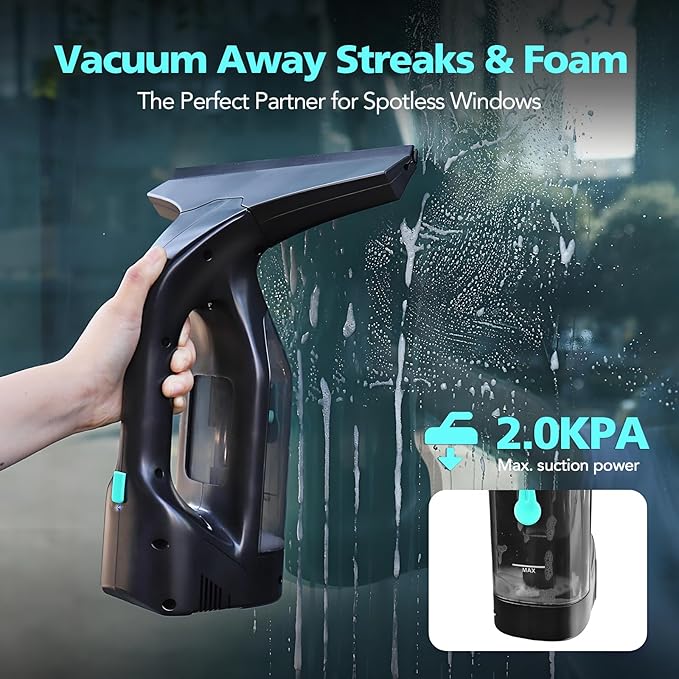 Window Vacuum Cleaner Kit Cordless, 35Min Runtime & 2 Suction Nozzles Cleaning Tool