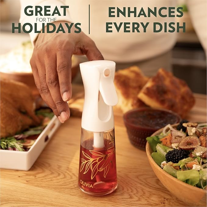 OLIVIA SIGNATURE Advanced Kitchen Oil Sprayer Technology, Fine Mist & Portion Control, Refillable Glass Olive Oil Cooking Spray Bottle for Air Fryer, Salad, BBQ, 2 Pack 200ml (White)