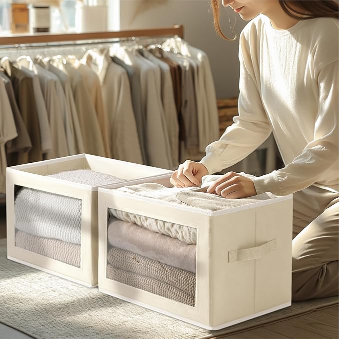 Storage Bins with Lids, Fabric Closet Storage Bins with Window, Beige