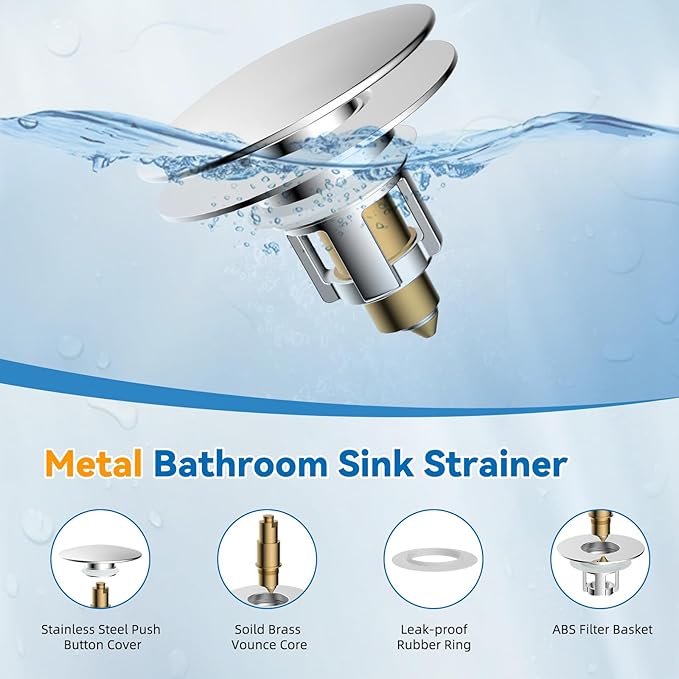 iFealClear 2 Pack Universal Bathroom Sink Stopper, Pop Up Sink Drain Strainer with Hair Catcher Basket, Fit 1.1"-2.36" US Basin