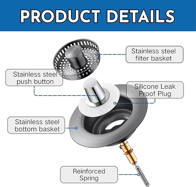 Kitchen Sink Drain Stopper & Strainer Combo, Universal Stainless Steel Sink Drain Stopper (Grey, Fewer holes)