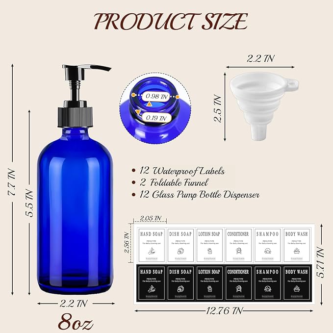 TBWIND 12 Pack 8oz Blue Glass Soap Dispenser Bottles with Pumps, Refillable Glass Bottles for Shampoo, Conditioner & Lotion, Ideal for Bathroom, Kitchen, Waterproof Labels & Funnels Included