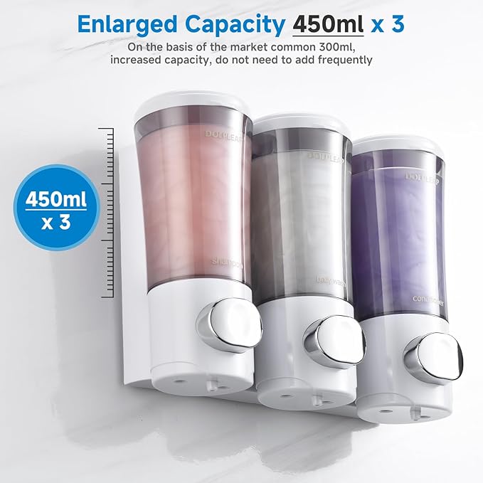 Shampoo Conditioner Body Wash Dispenser No Drill Shower Soap Dispenser Wall Mounted Shampoo Dispenser 3 Chamber with Upgrade Pump Head Bathroom Soap Dispenser 450ml/Each White