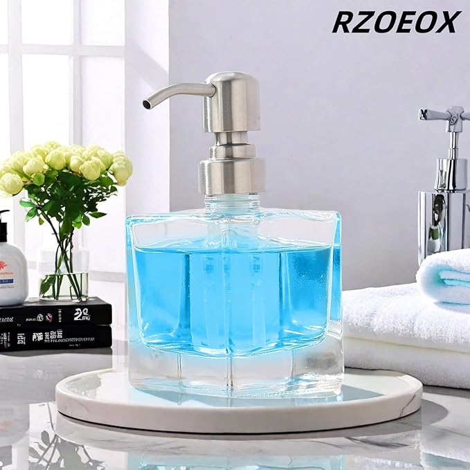 Hand Soap Dispenser Square with Brushed Nickel Pump, 8.4 oz Liquid Clear Glass Soap Dispenser with Stainless Steel Pump for Dish Soap Bathroom Kitchen Vanity Countertop