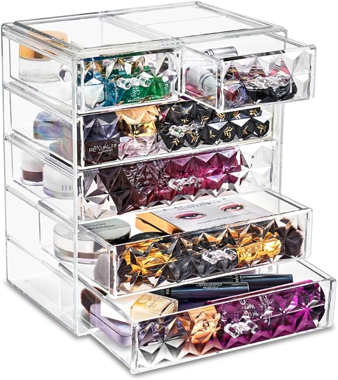 Sorbus Acrylic Makeup Organizer Set, 6-Drawer Vanity & Countertop Cosmetic Storage with Small & Wide Drawers, Diamond Makeup Storage for Brushes