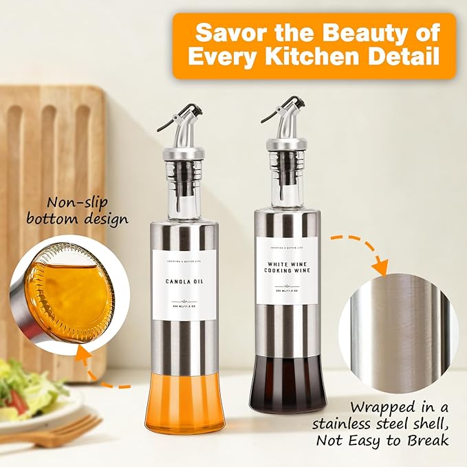 Olive Oil Dispenser Bottles for Kitchen with Bamboo Tray, Oil and Vinegar Dispenser Set, Stainless Steel Glass Dispensers for Kitchen, Dispenser Bottle of 300ml - Set of 2