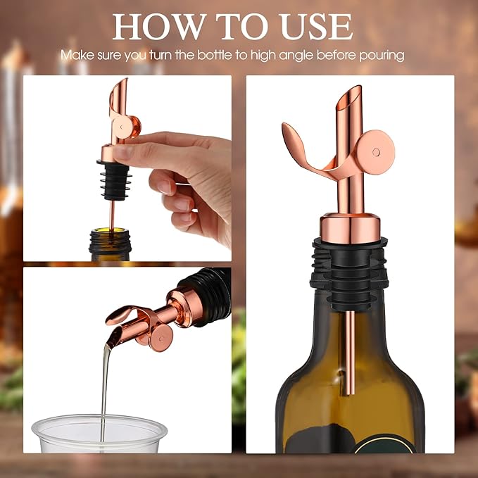 Kinlop 6 Pcs Weighted Stainless Steel Liquor Bottle Pourers Auto Flip Olive Oil Dispenser Spout Balsamic Alcohol Pourer Spouts (Rose Gold)
