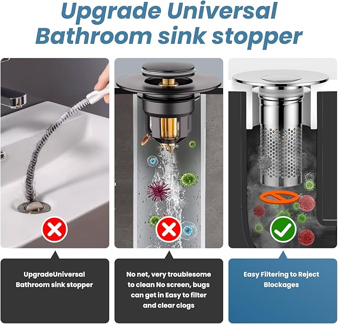 Bathroom Sink Drain Strainer，Pop Up Sink Drain Filter with Removable Stainless Steel Filter Basket Hair Catcher，Bathroom Drain Stopper Sink Plug