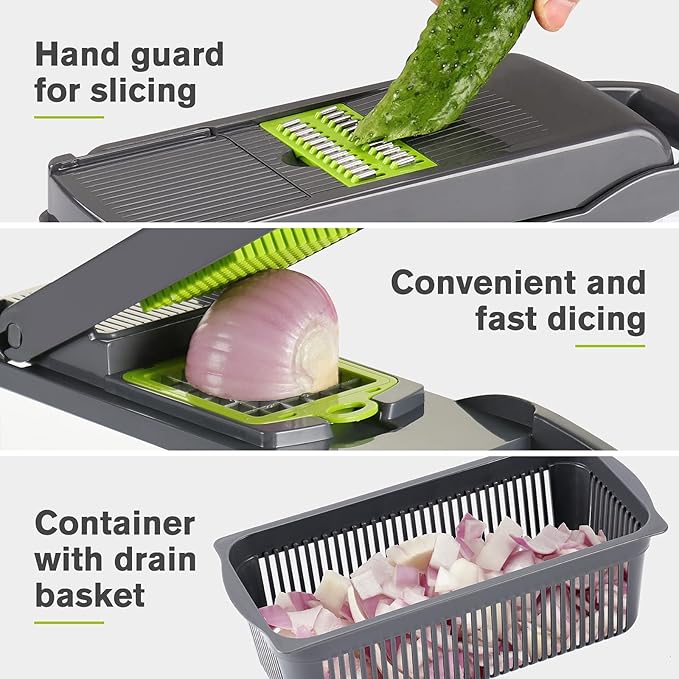 KEOUKE Vegetable Chopper Mandoline Slicer Grey - 12 in 1 Interchangeable Blades Food Chopper with Container, Hand Guard & Drainer, Veggie Dicer Kitchen Gadget for Onion, Cucumber, Tomato, Fruit
