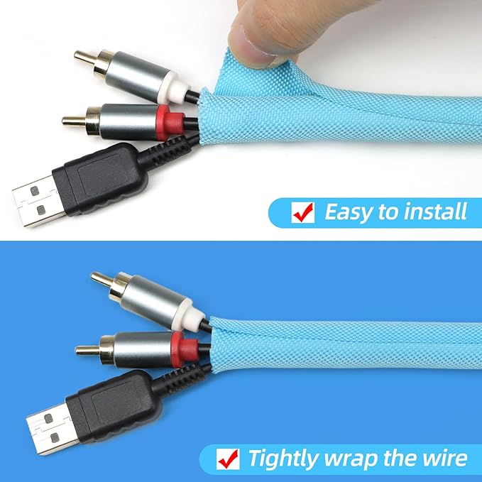 Automotive Wire Loom Tubing, Split Braided Cord Protectors from Pets No Chew, Flexible Cable Sleeve Cable Management for TV/Computer/Electric Wires (Sky Blue, 3/8"-25ft)