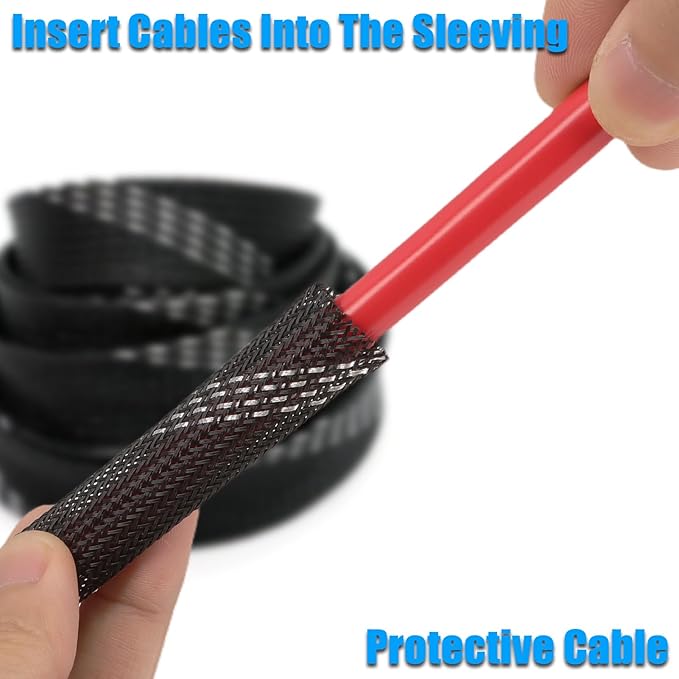 25ft PET Expandable Braided Cable Sleeve 3/8inch(10mm) Pet Braided Cable Sleeve for Audio Video Device Wire Automotive Wire (Black Silvery)