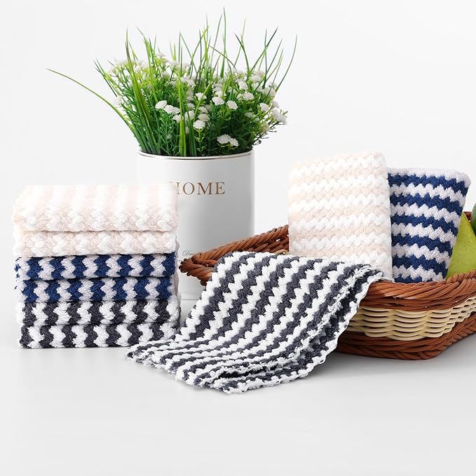 Homaxy 18 Pack Kitchen Dish Cloths, Ultra Soft and Absorbent Dish Towels, Reusable Fast Drying Microfiber Cleaning Cloth, Coral Velvet Wave Design No-lint, 10 x 10 inches, Dark Grey/Navy Blue/Beige