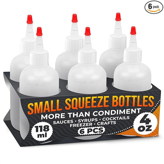 6-Pack Squeeze Bottles for Liquids 4 oz with Scale – No-Mess Dispensing | Clear Condiment Bottle Set for Sauces, Oil, Dressing, Syrup, Ketchup