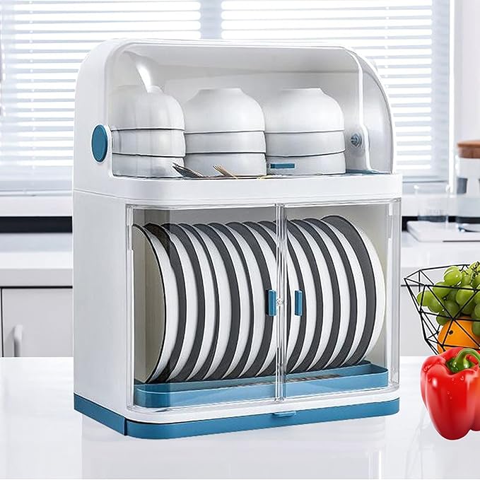 2 Tier Dish Drying Rack, Drain Board with Lid Plastic Dust Cover, Kitchen Plate Cup Dish Drying Rack, Tableware Storage Box Dishes Drain Shelf Rack Closed Holder for Home Using