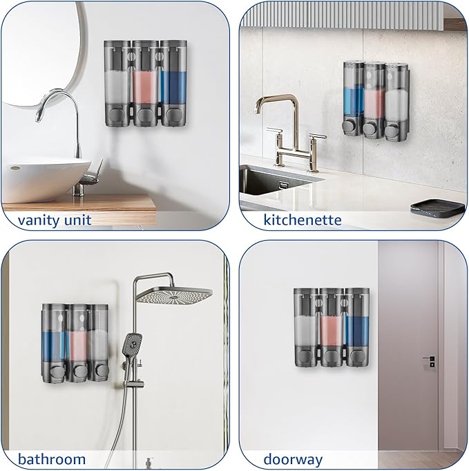 Shampoo and Conditioner Dispenser 3 Chamber No Drill,Shower Soap Pump Dispenser Wall Mounted,Body Wash Dispenser,Shower Gel Shampoo Holder for Bathroom Accessories,Gungrey