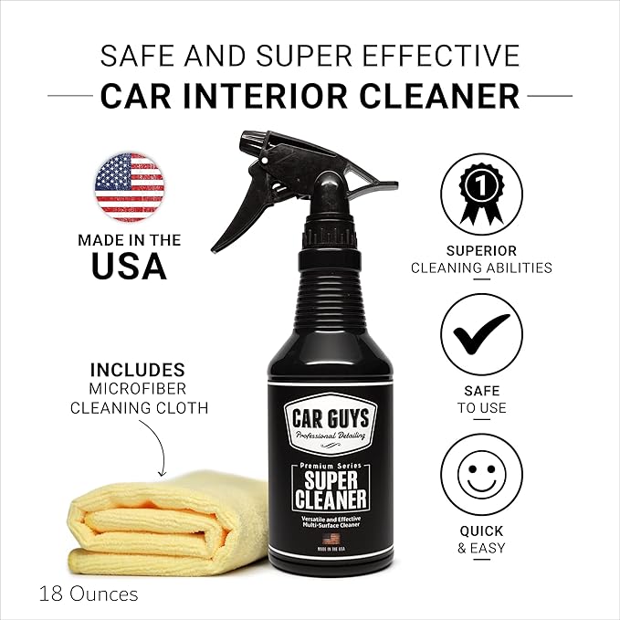 CAR GUYS Super Cleaner | Effective Car Interior Cleaner | Leather Car Seat Cleaner | Stain Remover for Carpet, Upholstery, Fabric, and Much More! | 18 Oz Kit with Microfiber Towel