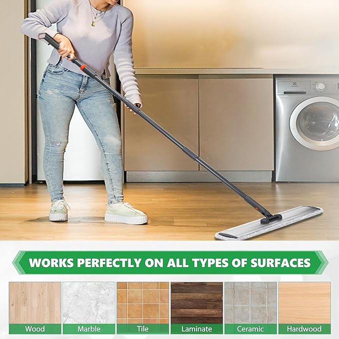 18 Professional Microfiber Mop Large Flat Mops for Floor Cleaning 4 Reusable Washable mop Pads Hardwood Cleaning System Wet and Dust Mop with 61in Long Stainless Steel Handle
