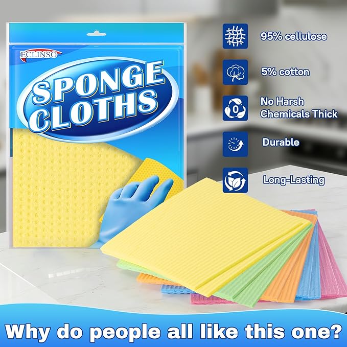10 Pack Reusable Cellulose Sponge Cloths, Super Absorbent Washable Kitchen Cleaning Cloths, 95% Natural Cellulose + Cotton, Compostable for Dishes Counters Bathroom