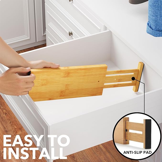 SpaceAid Bamboo 4 Pack Dresser Drawer Dividers, 4.65“ High Adjustable 12.5“-17” Drawer Organizers, Expandable Organization for Clothing, Clothes