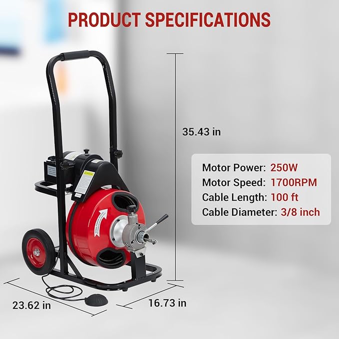100 FT x 3/8 Inch Portable Drain Snake with 250w Motor, Snake Drain Hair Removal Tool with 9 Cutters and Pneumatic Foot Switch, Drain Snake Hair Drain Clog Remover Fit 1 Inch to 4 Inch Pipes